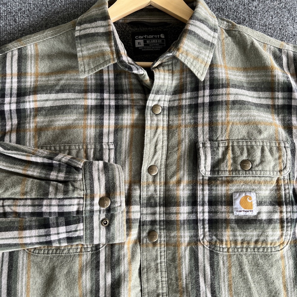 Carhartt Mens XL Hubbard Plaid Sherpa Lined Shirt Jac Relaxed Fit Agave Green